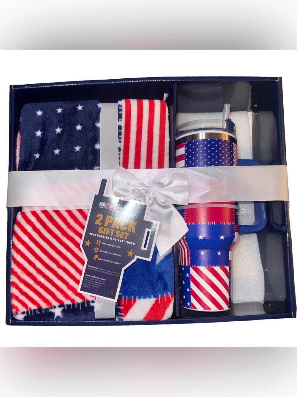 American Flag 2-Pk Gift Set Red, White & Blue Tumbler & Throw Blanket
New in Box